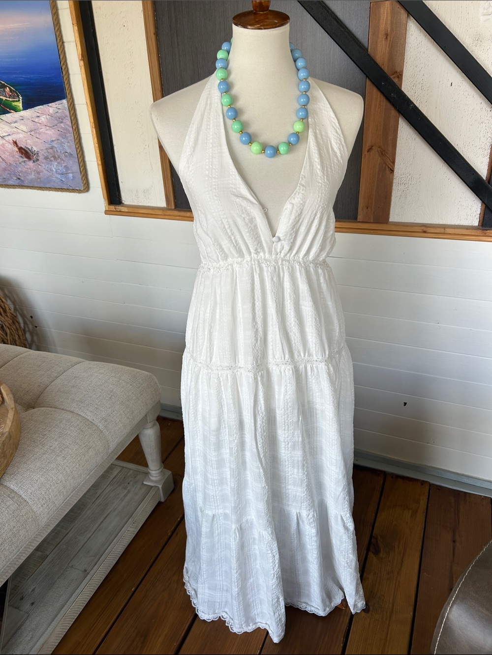 NWT Fusionista White Halter Maxi Dress M Tiered Lace Boho Beach Bridal